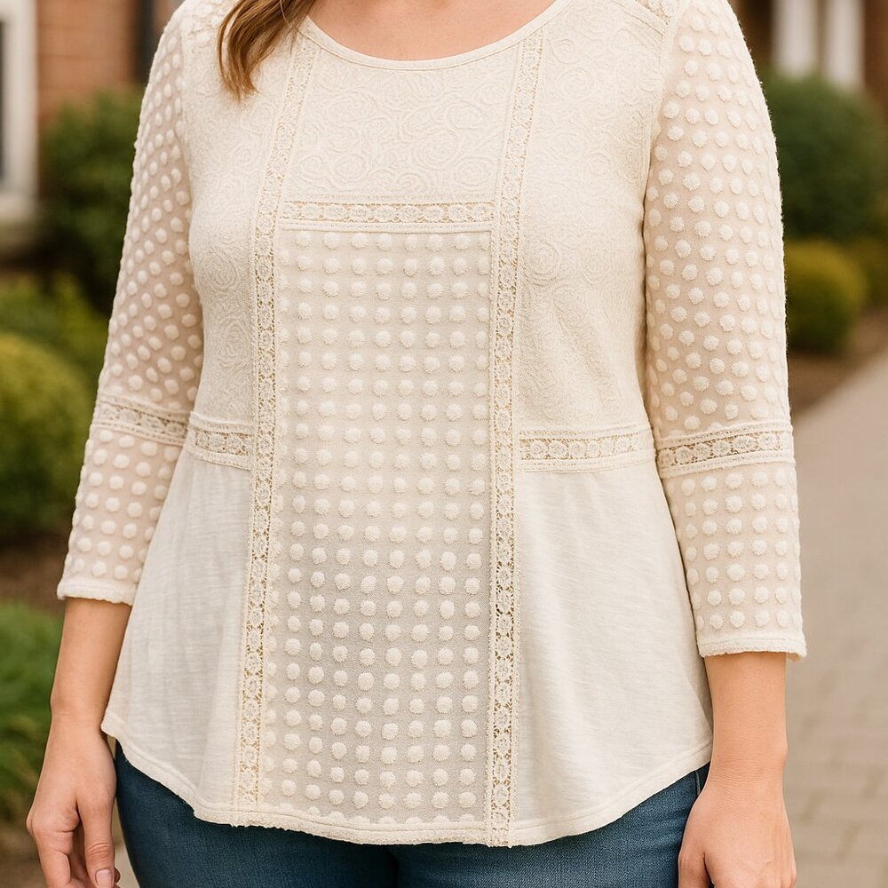 NWT Lucky Brand Lace Peasant Top Mixed Media Cream L